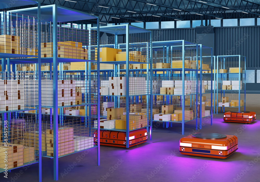 Poster logistic process. warehouse with robots. robots for moving racks. automated guided vehicles. orange 