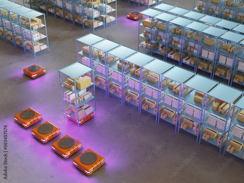 Poster smart factory. plant warehouse with robots. production building without people. storage factory with