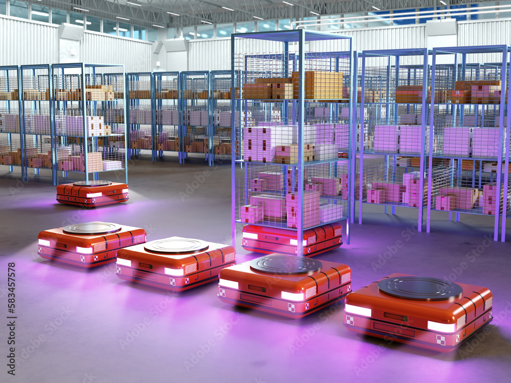 Poster robots for delivery. automatic cart inside warehouse. automatic robots for warehouse delivery. autom