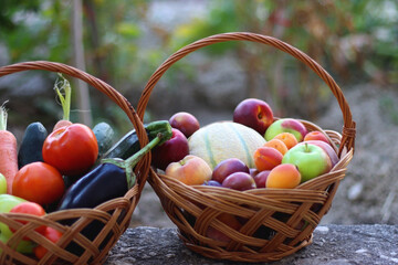 Two wicker baskets with healthy seasonal food in a garden. Selective focus.