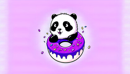 Cartoon illustration with panda and donut, generative AI.