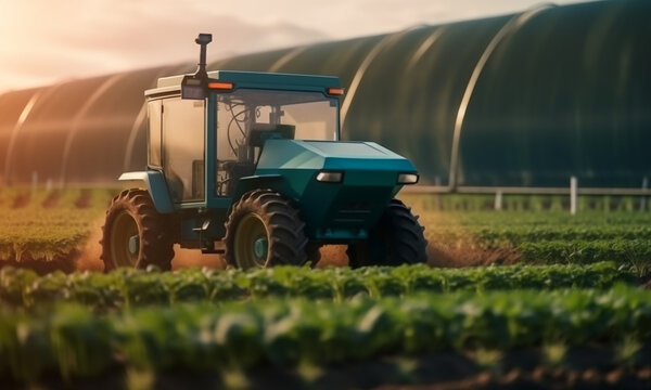 Agriculture robotic and autonomous car working in smart farm, Future 5G technology with smart agriculture farming concept, Artificial intelligence.