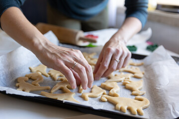 Baking cookies - a woman lays out raw dough in the shape of dinosaurs on a baking sheet