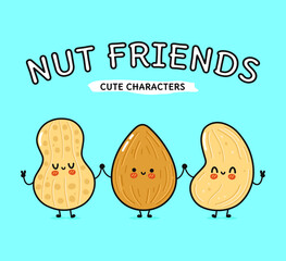 Cute, funny happy almonds, peanuts and cashews nut. Vector hand drawn cartoon kawaii characters, illustration icon. Funny happy cartoon almond, peanut and cashew nut mascot friends concept