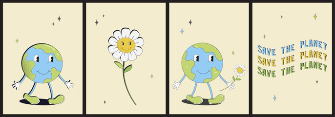 Earth Day.Concept of World Environment Day in y2k style.Save the Earth.Cartoon cute earth planet character. World Environment Day.Earth day posters in retro cartoon style.Set retro posters.