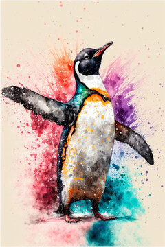 Vibrant Watercolor Dancing Penguin Illustration in Multitude of Colors against White Background
