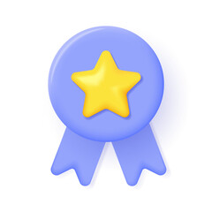 Star yellow golden color with medal. Realistic 3d design In plastic cartoon style. Icon isolated on white background. Modern vector illustration.