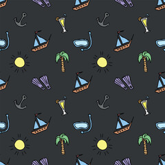 Obraz premium Summer seamless pattern. travel background. Travel vacation set of icons, journey and trip background. Doodle summer travel icons. Vacation vector pattern with travel icons
