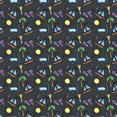 Obraz premium Summer seamless pattern. travel background. Travel vacation set of icons, journey and trip background. Doodle summer travel icons. Vacation vector pattern with travel icons