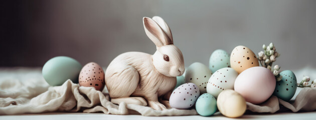 Easter composition. Easter eggs and rabbit on the table. generative AI