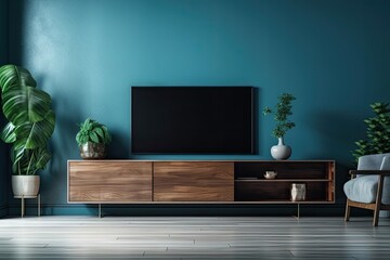 Blue walls, cabinets, and a TV wall in the living room. Generative AI