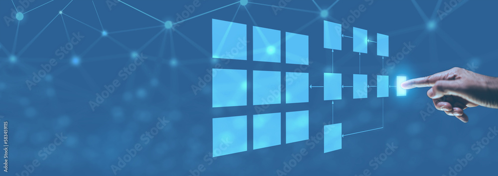 Fototapete business process and workflow automation with flowchart, businessman in background