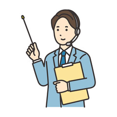 資料と指さし棒を持つオペレーターの男性のイラスト