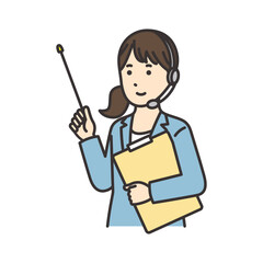 資料と指さし棒を持つオペレーターの女性のイラスト
