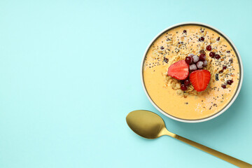 Concept of delicious food with smoothie with different ingredients, space for text