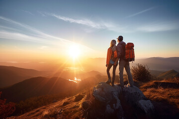 A pair of man and woman friends standing on top of a mountain together on a hike with backpacks in the sunset sunlight, a view of the beautiful scenery from above, a family hike. Generative AI. - obrazy, fototapety, plakaty
