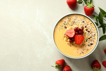 Concept of delicious food with smoothie with different ingredients, space for text