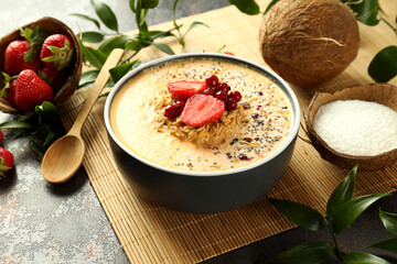 Concept of delicious food with smoothie with different ingredients, close up