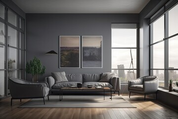 Gray walls, a dark wooden floor, a grey sofa and armchair, a cabinet, and two vertical faux poster frames make up the interior of a contemporary living room. Cityscape is obscured by a window