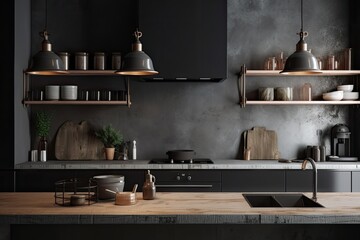Front view of a dark kitchen with a gray countertop, a sink, and cookware. product display mockup copy space. Generative AI