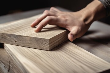 Details of a man's hand constructed of pressure treated wood from modern furniture boards. Generative AI