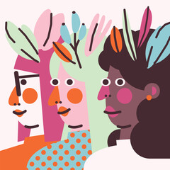 Fototapeta premium Stylish illustration with portraits of three girls side by side. Supporting Women. Vector card, print, design