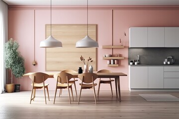 On the internal hardwood wall of the dining area, there is an empty wide banner for your design. Standing at a table with five chairs on a beige mat against a pink backdrop is the kitchen. Parquet. Mo