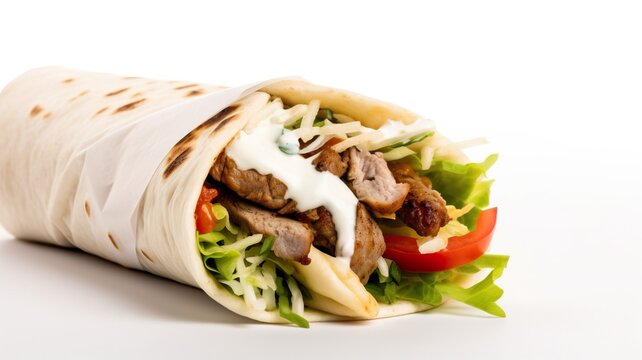 Generative AI food photo of Shawarma. Grilled meat wrapped in pita bread with cabbage, fresh cucumber, onion, garlic sauce and spices. A template for a flyer for a diner, grill bar or food delivery.