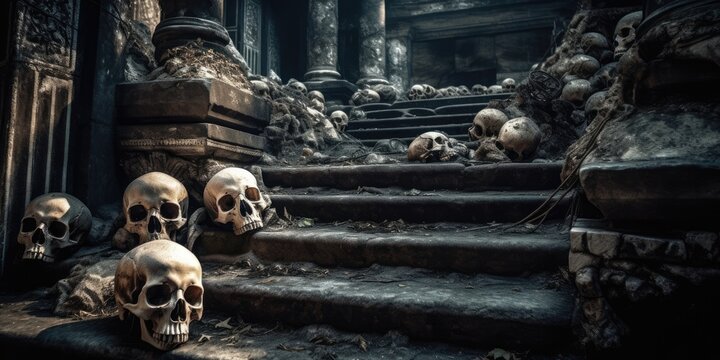 Skeletal remains strewn all over ancient decaying castle stone steps, broken and shattered sacrificed human skulls, scary macabre scene - generative AI