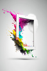 Obraz na płótnie Canvas White frame on white background with multicolored splashes of bright colored paint on white background, copy space, space for text banner with frame template. Generative AI.