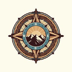 A vintage distressed style compass with mountains and the words mountains on it