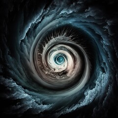 super typhoon hurricane over sea ocean natural disaster strong wind, foamy black hole cork-screw twisted woow you are dizzy space dark sky spiral swirl contoured circle Generative AI