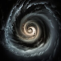 super typhoon hurricane over sea ocean natural disaster strong wind, foamy black hole cork-screw twisted woow you are dizzy space dark sky spiral swirl contoured circle Generative AI