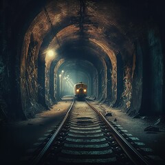 Fototapeta na wymiar A large underground tunnel with a railway, tram tracks, abandoned, old without people, gloomy view of the dungeon tunnel with bright lights train directly against you is approaching Generative AI