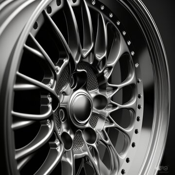 aluminium rim of sport car wheel. Detail background gray black cylinder disc valve cap chrome steel 
spoke close up tire metal shine bright Generative AI 