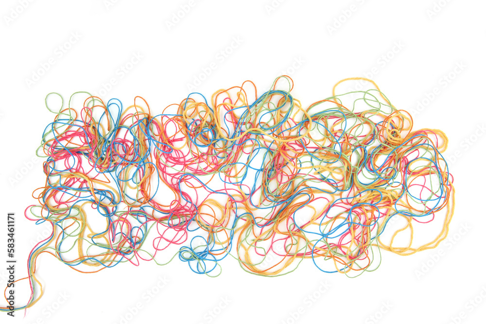 Wall mural tangled colorful cotton threads isolated on white background. abstract thread lines chaos pattern.
