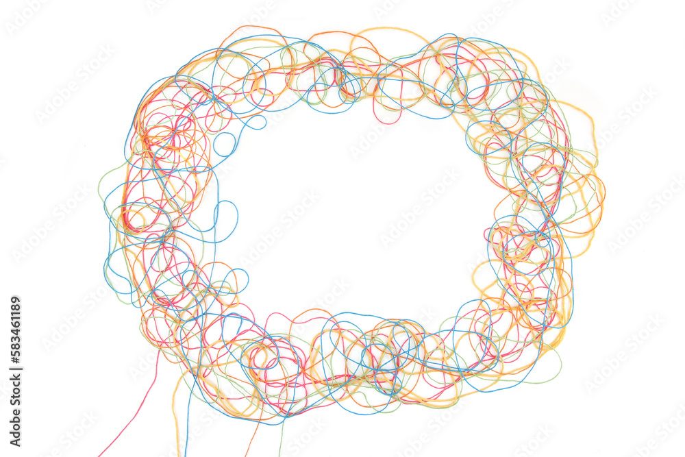 Wall mural frame of tangled colorful cotton threads isolated on white background. abstract thread lines chaos p