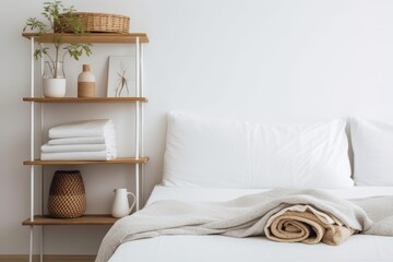 a shelf with a folded white blanket. Generative AI