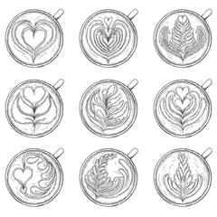 Obraz premium Latte art collection. Cups of coffee with foam pattern top view. Illustration on transparent background