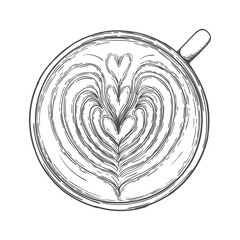 Latte art. Cup of coffee with foam pattern top view. Illustration on transparent background