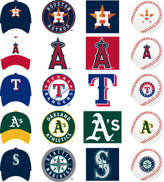 Major League Baseball MLB 2023. American League AL. Al West. Houston Astros, Oakland Athletics, Los Angeles Angels, Texas Rangers, Seattle Mariners. Kyiv, Ukraine - Mar 21, 2023