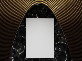 3D rendering of a template, canvas under a ribbed golden arch on a patterned metal  background