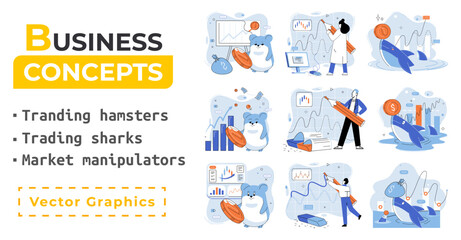 Stock market manipulation concepts set, change business graph indicator, influence crypto currency price for benefit or profit. Character analyzing stock market data to control financial graphic chart