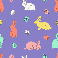 Easter cute seamless pattern with cute colorful rabbits and Easter eggs. Vector illustration.