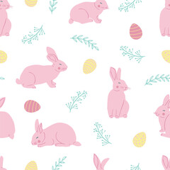 Easter cute seamless pattern with cute rabbits and Easter eggs. Vector illustration.