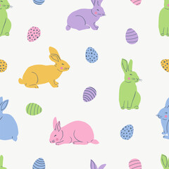 Easter cute seamless pattern with cute colorful rabbits and Easter eggs. Vector illustration.