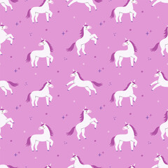 Cute cartoon colorful seamless pattern with unicorns and stars on pastel background. Perfect for kids textile, wallpaper, wrapping paper etc. Vector illustration