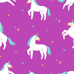 Cute cartoon colorful seamless pattern with unicorns and stars on pastel background. Perfect for kids textile, wallpaper, wrapping paper etc. Vector illustration