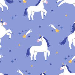Cute cartoon colorful seamless pattern with unicorns and stars on pastel background. Perfect for kids textile, wallpaper, wrapping paper etc. Vector illustration