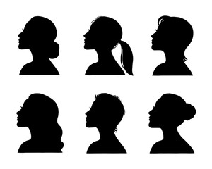 Female's elegant silhouettes with different hairstyles. Beautiful women's head in profile. Vector illustration